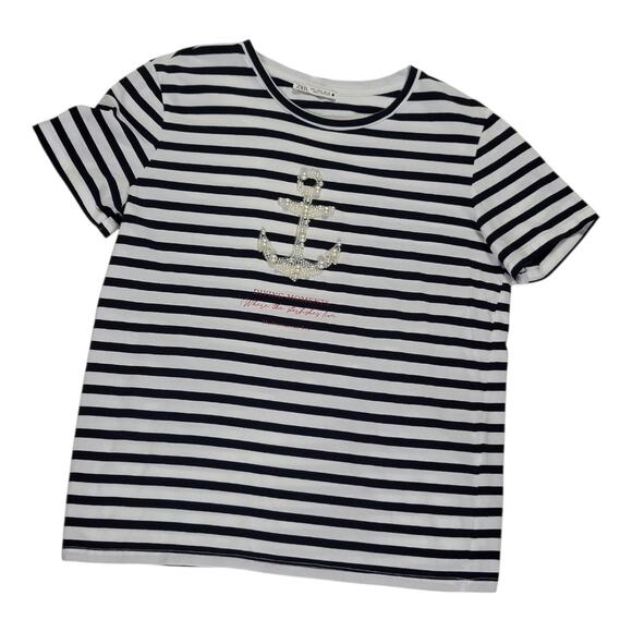 Zara Diving Moments Pearls‎ Anchor Sea Shirt Striped Round Neck Women's Small - Picture 8 of 9